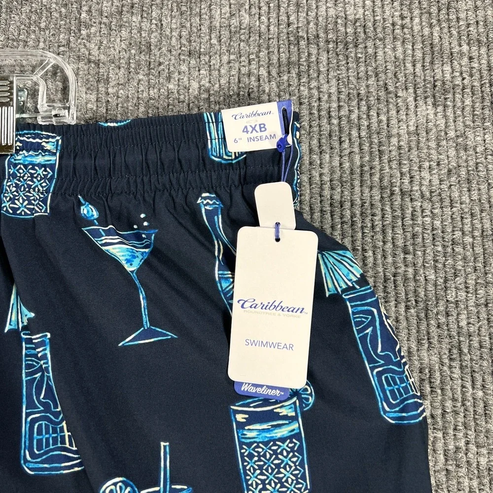 Caribbean‎ Swim Shorts Mens 4XB Big Blue Geometric Lined Ocean Beach Pool New
